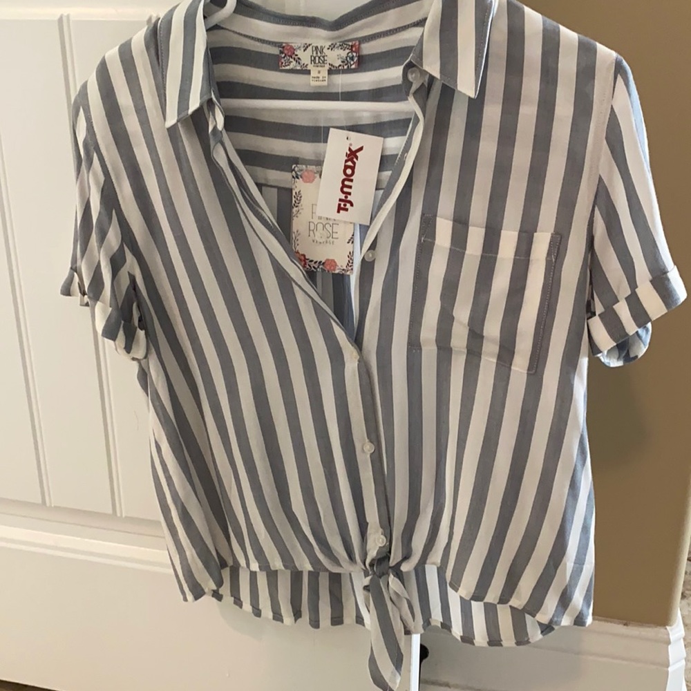 Striped blue and white button up tee